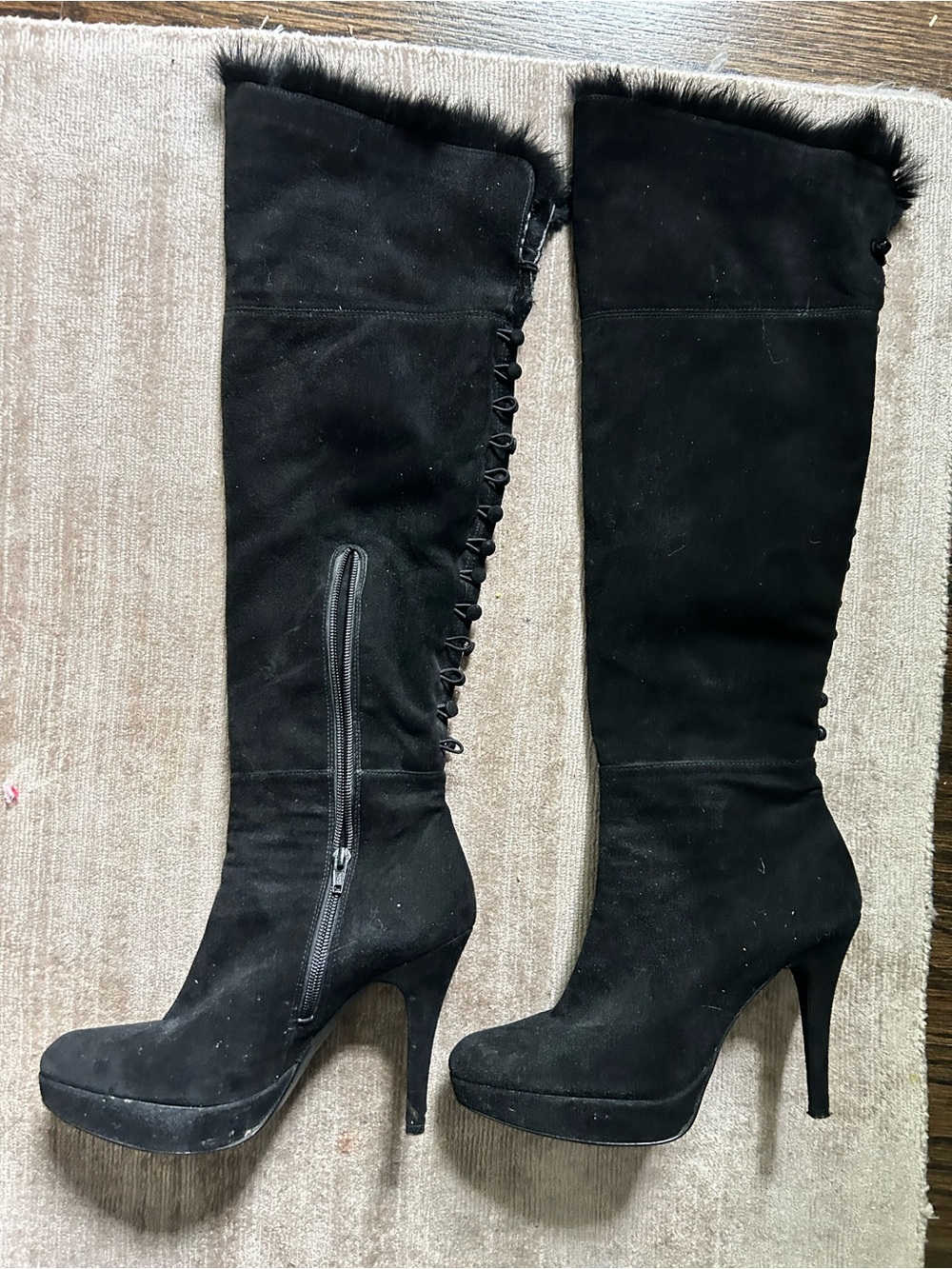 Stuart Weitzman Black Suede Over-the-Knee Platform Boots with black fur rims